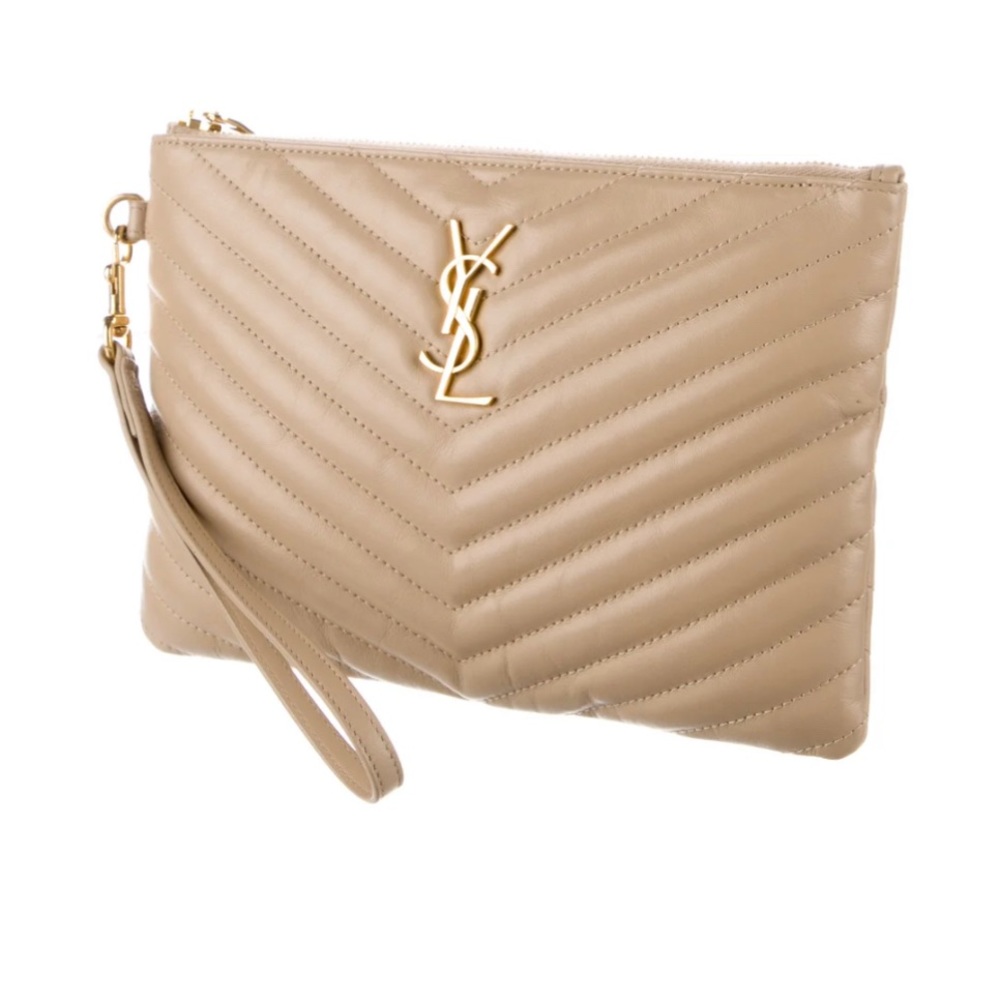 Saint Laurent Beige Quilted Leather Wristlet Clutch